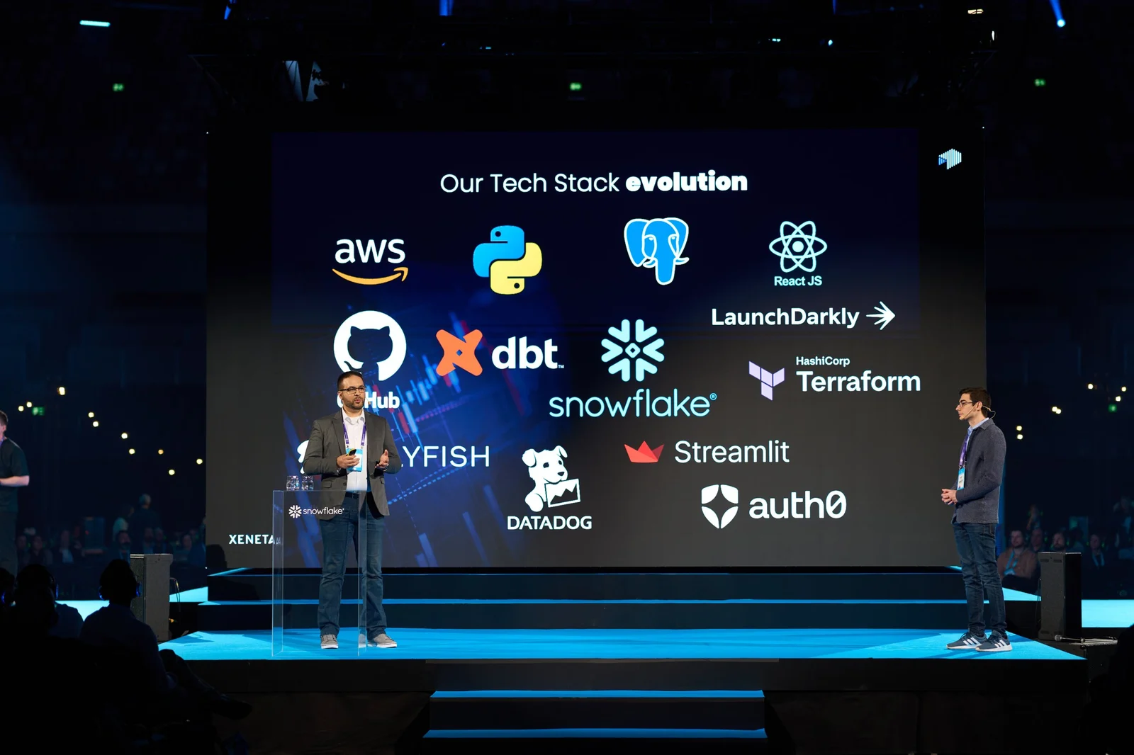 Ilko on the Snowflake World Tour stage in Stockholm, presenting Xeneta's tech stack evolution, with Ahmet Yilmaz Vural